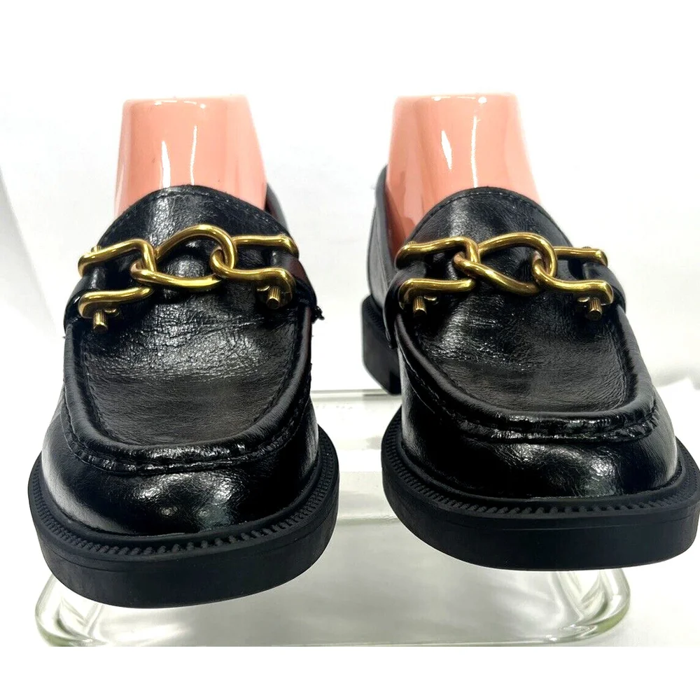 Steve Madden Womens Black Leather Loafer Shoes Gold Chain Size‎ 9.5M Office